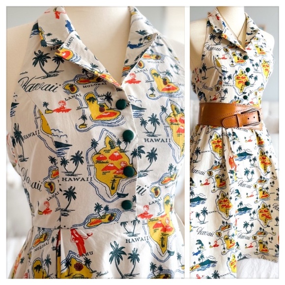 Modcloth Hawaii Print "Genuine Genius Halter Shirtdress in Island” - Picture 2 of 12